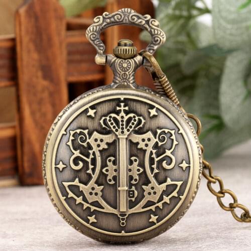 Dark Deacon Theme Japanese Anime Pocket Watch Vintage Brass Fine White Number Dial Useful Alloy Pendant Thick Chain Male Female