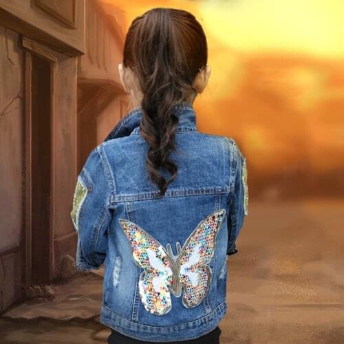 Jackets Girls Denim Jacket Cardigan Coat kids Jeans Outerwear Butterfly Embroidery Sequins Children Clothing Spring Kids Clothes
