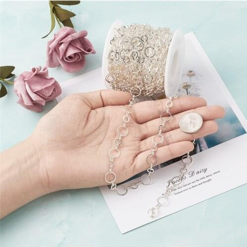 10m/roll Brass Handmade Chains with Spool Silver Color for Jewelry Making DIY Link: 6mm and 10mm in diameter, 1.5mm thick