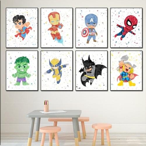 Cute Superheroes Cartoon Poster Superman Iron Man Spiderman Batman Print Nursery Baby Bedroom Prints Art Decrotion Wall Painting