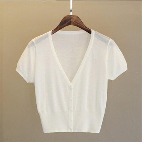 Fashion Summer T-Shirts for Women Pullover Knit Crop Tops Casual Tees V-Neck Solid White T Shirt Harajuku Korean Style Clothing