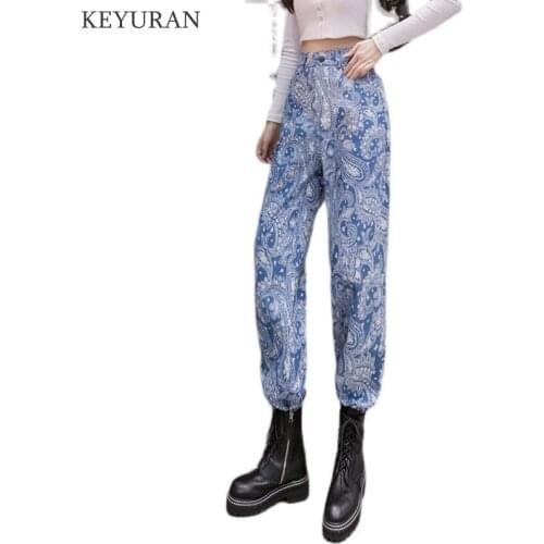 Fashionable Trend Women Jeans High Waist Loose Straight Pants 2021 Printed Casual Female Long Trousers Large Size Mom Long Pants