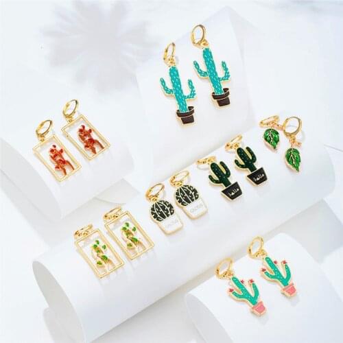2021 New Geometric Plant Cactus Leaf Drop Earrings for Women Girl Cute Round Hollow Square Statement Earrings DIY Accessories