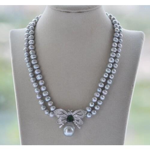2Row 17" Gray Round Keshi Pearl Necklace Peadant Butterfly CZ Z11004