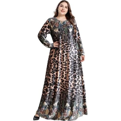 Dress Islamic Turkey Plus Size Womens Dubai Fashion Gold Velvet Plant Print Long Sleeve Dress Middle East Pakistan Skirt