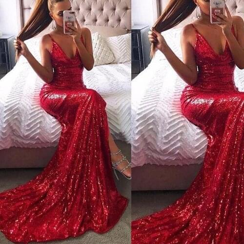 Sexy prom dresses deep v neck red evening dresses mermaid court train evening dresses gowns sparkly sequins prom dress vestidos
