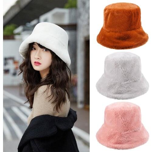 1PC New Faux Fur Winter Bucket Hat Women Girl Fashion Solid Thickened Soft Warm Fishing Cap Outdoor Camping Hiking Hat Cap