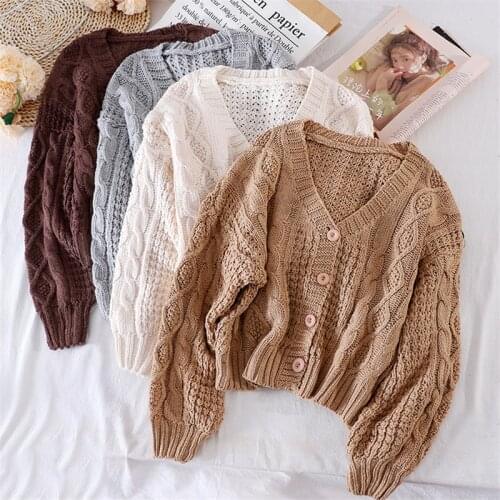 New Autumn Winter Women Long Sleeve Sweater Casual Loose V-Neck Twist Knitted Cardigan Female Short Hollow Out Jacket Tops A1979