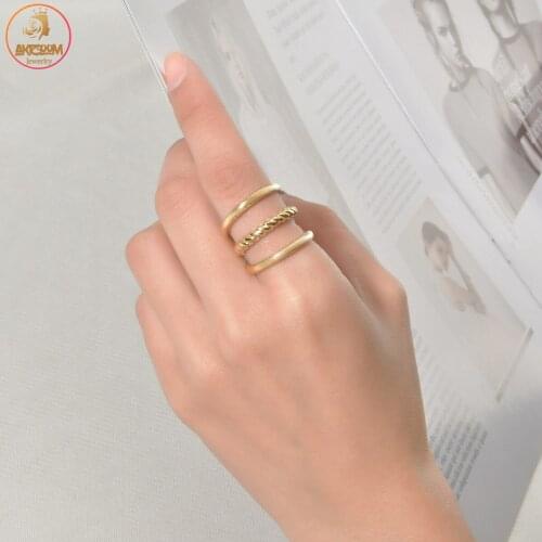 Akizoom 14k Gold Color Three Layers Rings for Women Stainless Steel Adjustable Open Size Finger Ring Wedding Party Jewelry Gift