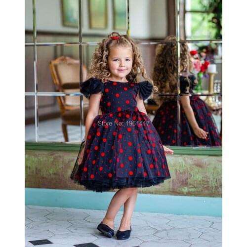2020 Girls Princess Party Mesh Knee Dress Dot Print Black Dress Teenage Girl Short Sleeve Summer Outfits