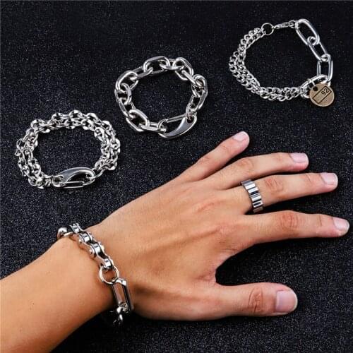 Vintage Fashion Silver Color Titanium Steel Bracelets For Men Punk Jewelry Antique Stainless Steel Hip Hop Bracelet Link Chain