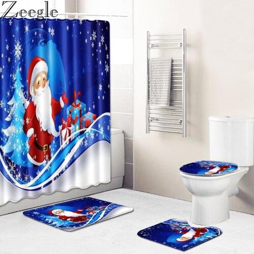 Zeegle Waterproof Christmas Bath Curtain Shower Curtain Absorbent Toilet Cover Mat Bathroom Rug Washable Foot Mat Bath Mat Set