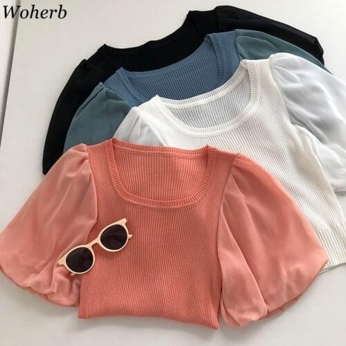 Woherb Korean Chic Solid Knitted T Shirt Women Summer Short Puff Sleeve O-neck Tops Tees Korean Fashion Female T-shirt 2021