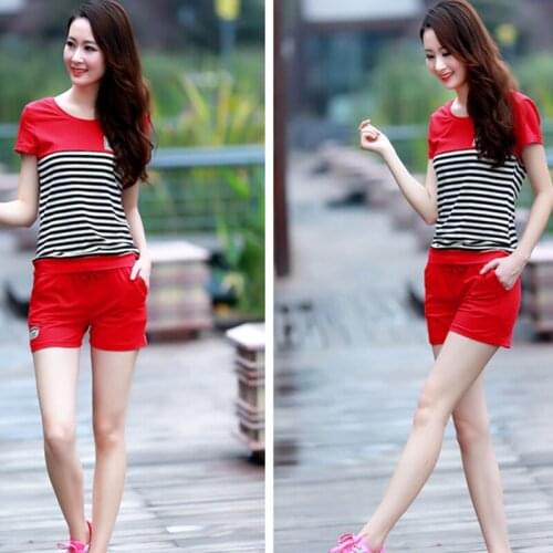 Womens Casual Outfits Striped Short Sleeve T Shirt Top Shorts Set with Drawstring Waist AIC88