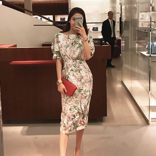 Womens 2021 New Puff Sleeve Floral Print Dress Elegant Organza Casual Long Party Vestidos