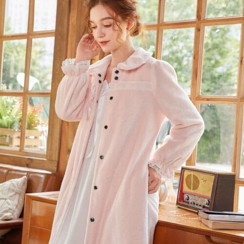 Womens Lolita Pink Princess Dress Single breasted Warm Nightdress Vintage Palace Style Lace Velvet Home Wear Nightgowns
