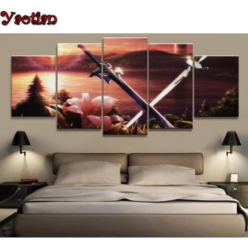 5 Piece 5d diy diamond embroidery full round diamond mosaic Landscape Sword Flowers River Diamond Painting Cross Stitch
