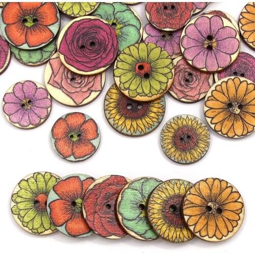 50pcs Flower Pattern Wooden Buttons Round Vintage Colorful Printed Buttons For Sewing Clothes DIY Handcraft Scrapbooking Crafts