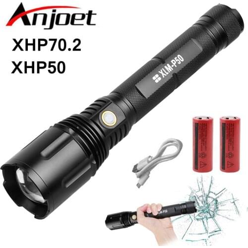 Anjoet Powerful LED Flashlight P70 Aluminum USB Rechargeable Zoomable XHP50 Torch Tactical Defense Lantern Camping Hiking Light