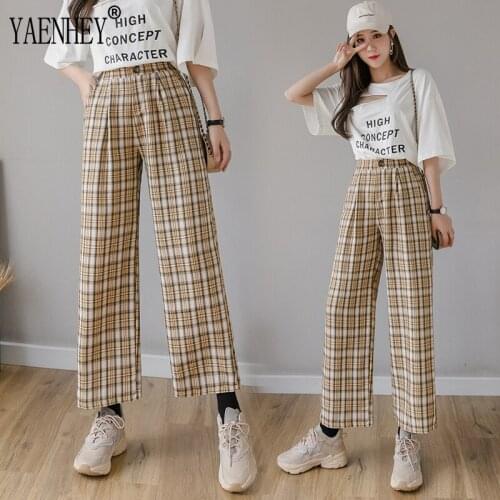 Korean Vintage Plaid Pants Women High Waist Plus Size Wide Leg Casual Female Trousers 2021 Summer New Joggers Clothes Streetwear
