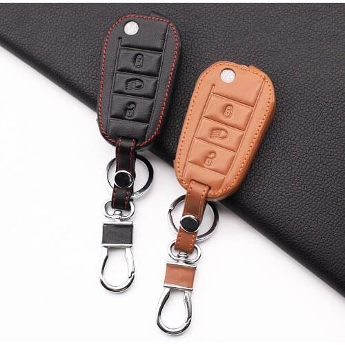3 Button Genuine Leather Car Key Case for peugeot 3008 208 308 508 408 2008 Protective Carrying Case Holder Skin Car Accessories