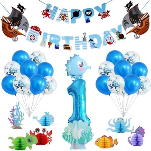Baby Birthday Party Decoration Package Digital Balloon Cartoon Sea Animal Aluminum Foil Balloon Set Ocean Theme