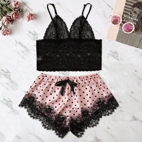 Women Silk Pajamas Satin Lace Polka Dot Printed Camisole Shorts Bow Set Sleepwear Lingerie Loungewear Female femme 2 pièces g4