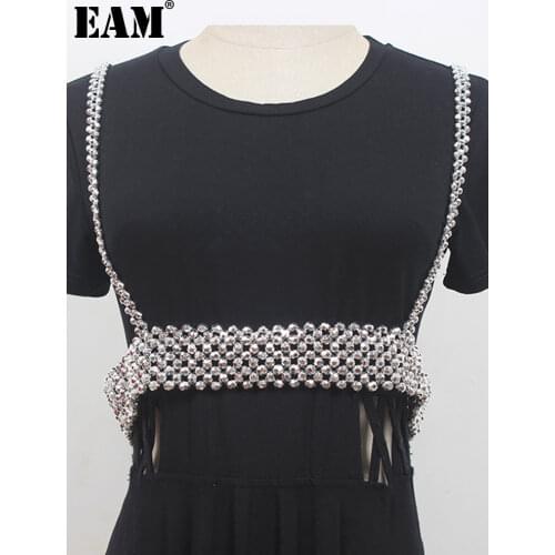 [EAM] Women White Pearl Shining Elastic Knitted Loose Fit Vest New V-collar Sleeveless Fashion Tide Spring Summer 2021 1DD9991