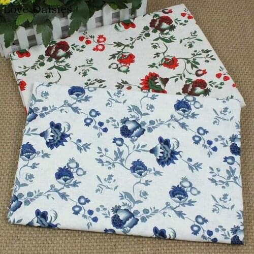 Cotton/Linen Fresh WHITE Red Blue Pomegranate Flower Fabric for DIY Handwork Home Decor Tablecloth Apparel Dress Tissu Craft Bag