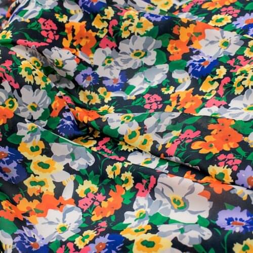 Colorful Flowers On Black Bright Silk Chiffon Digital Printing Fabric For Dress Платье Tissus Au MÈTre Telas Por Metro Sewing