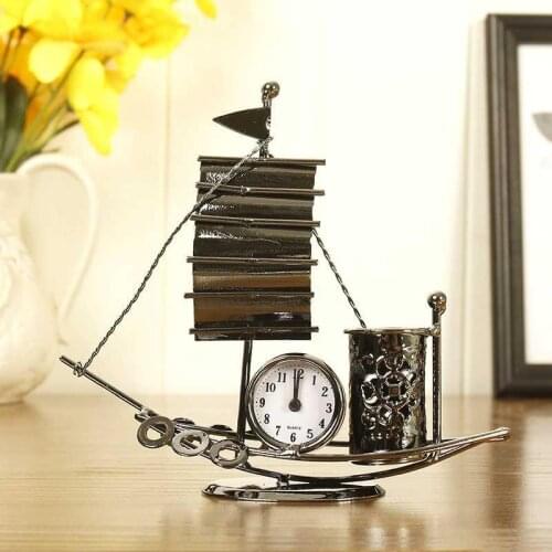 Creative Metal Crafts Sailboat Shape Pen Holder Multifunctional Decoration Student Gift Study Room Decoration Alarm ClockLB92607