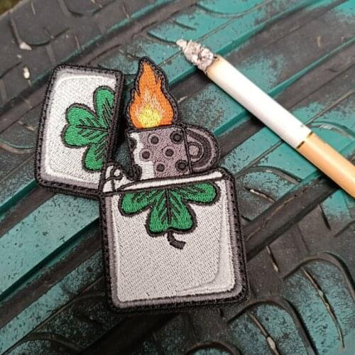 Creative Clover Lighter Embroidery Patches Lucky Grass Smoking Tactical Novel Badges For Backpack Clothing Accessories Appliques