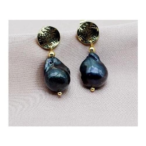 Favorite Pearl Store Black Baroque Vintage Round Natural Pearl Earrings Gold Color Sterling Silver Hook Womens Fine Jewelry