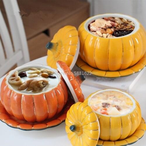 Pumpkin Storage Bowl Ceramic Bowl Salad Bowl Mug with Lid Kitchen Decor Handle Salad Soup Container Kitchen Appliance Tableware