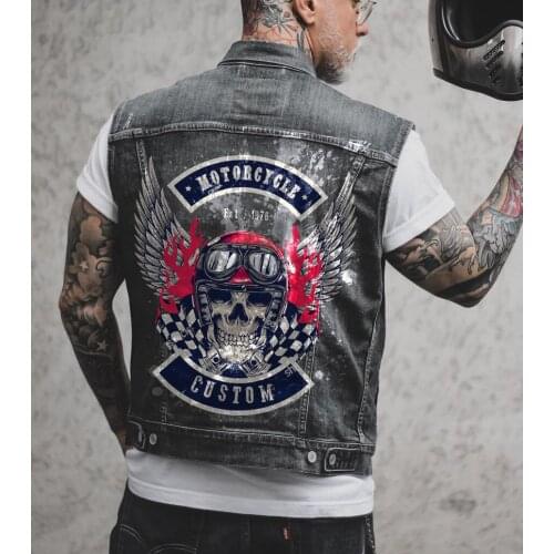 Retro street personality printing mens denim vest mens casual denim jacket wholesale trade