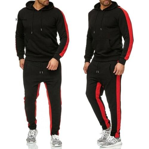 2 Pieces Sets Tracksuit Men New Brand Autumn Winter Hooded Sweatshirt +Drawstring Pants Male Stripe Patchwork Hoodies Bigsweety