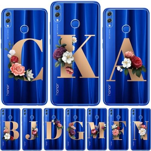 Custom 26 English Name Letters Flower Soft Silicone Phone Case Cover For Huawei Honor 9 10 20 Lite Pro 10i 9X Pro Y5 2018