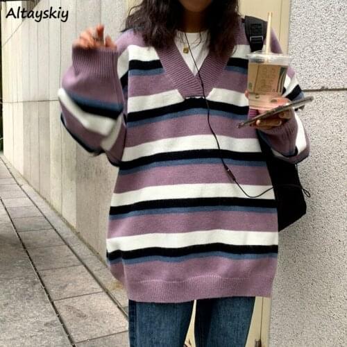 Pullovers Women Striped Preppy Style Loose Korean Style Leisure Fashion Simple Cozy Vintage Chic Ulzzang Streetwear New V-Neck