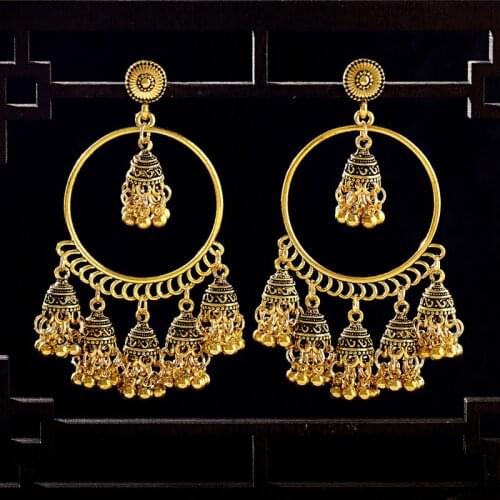 TopHanqi Indian-jhumka Earrings Jewelry For Women Boho Ethnic Gypsy Gold Round Big Bells Tassel Drop Earring boucle d’oreille