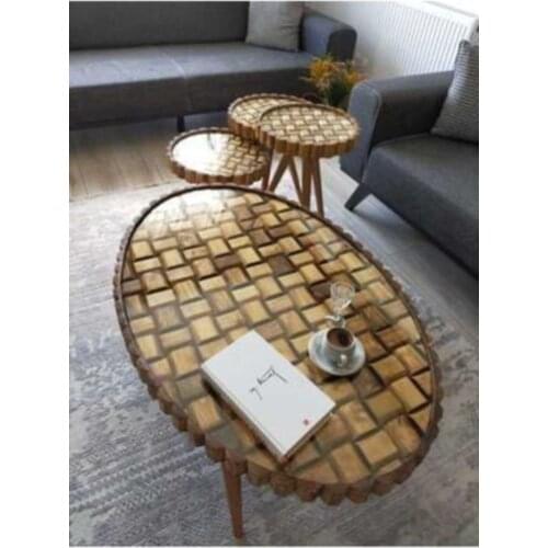 Modern MobilyaFırsatDogal Has Solid Zigon Coffee table Center table 3'lü Natural Solid Wood Oval Medium Tripod + round Zigon coffe table