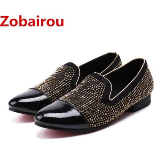 Zapatillas hombre mens patent leather black shoes spiked loafers rivets casamento party shoes men leather dress oxford sapatos