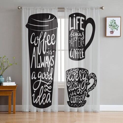 Black Cup Retro Coffee Tulle Sheer Window Curtains for Living Room Kitchen Children Bedroom Voile Hanging Curtain
