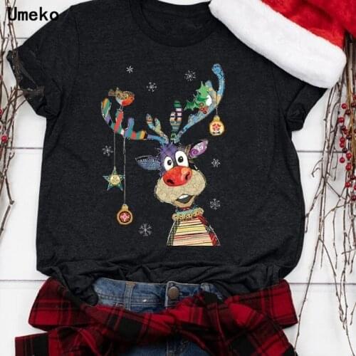Umeko Merry Christmas Elk T-shirt for Women Graphic Tee Top Ladies Summer Casual Short Sleeve Oversize Round Neck Tshirt Y2k