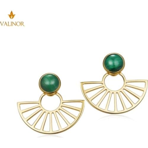 Fan-shaped hollow earrings female natural malachite classical art detachable combination earrings 925 sterling silver HM004