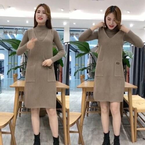 Spring Autumn Woman Fashion Slim Fit Bodycon Dresses Female Solid Color Loose Knitted Sweaters Set 2021 Two Piece Suits Q119