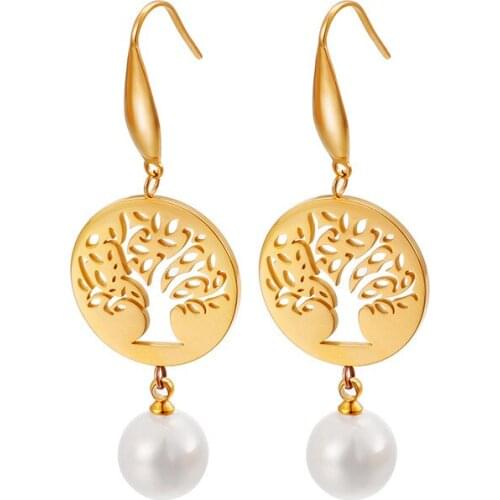 Titanium Steel Jewelry Simple Round Tree of Life Pearl Earrings