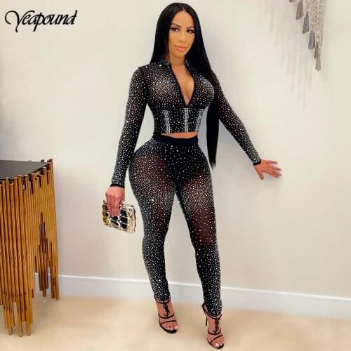 Fashion New Summer Shinymesh Outfits Nightclub V-Neck Long Sleeve Blouse Top Pencil Pants Hot Drill Womens Two Piece Suit