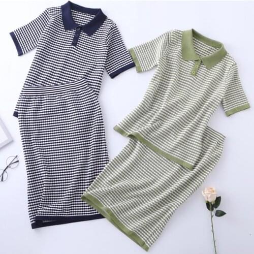 2021 summer preppy style lapel plaid ice silk knitted short-sleeved tops+package hip skirt two piece sets
