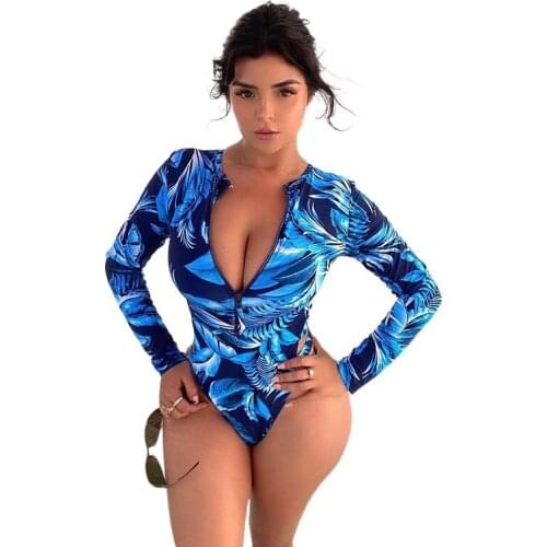 2021 Sexy One Piece Swimsuit Push Up Long Sleeve Swimwear Women Ruffle Deep V-neck Swimsuit Bodysuit Bathing Suit Swim Wear