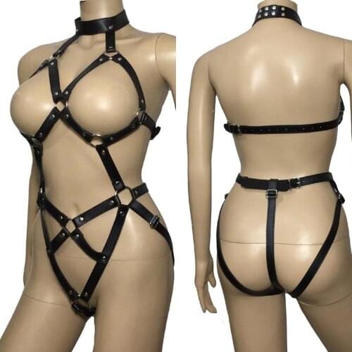 Womens PU Leather Strappy Fetish Body Harness Halter Neck Teddies Cupless G-String Back Bodysuit Erotic Costume Lingerie Set
